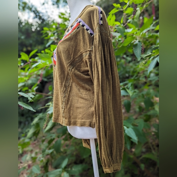 Free People Boho Moss Combo Linen Blend Top Size M - Picture 7 of 12